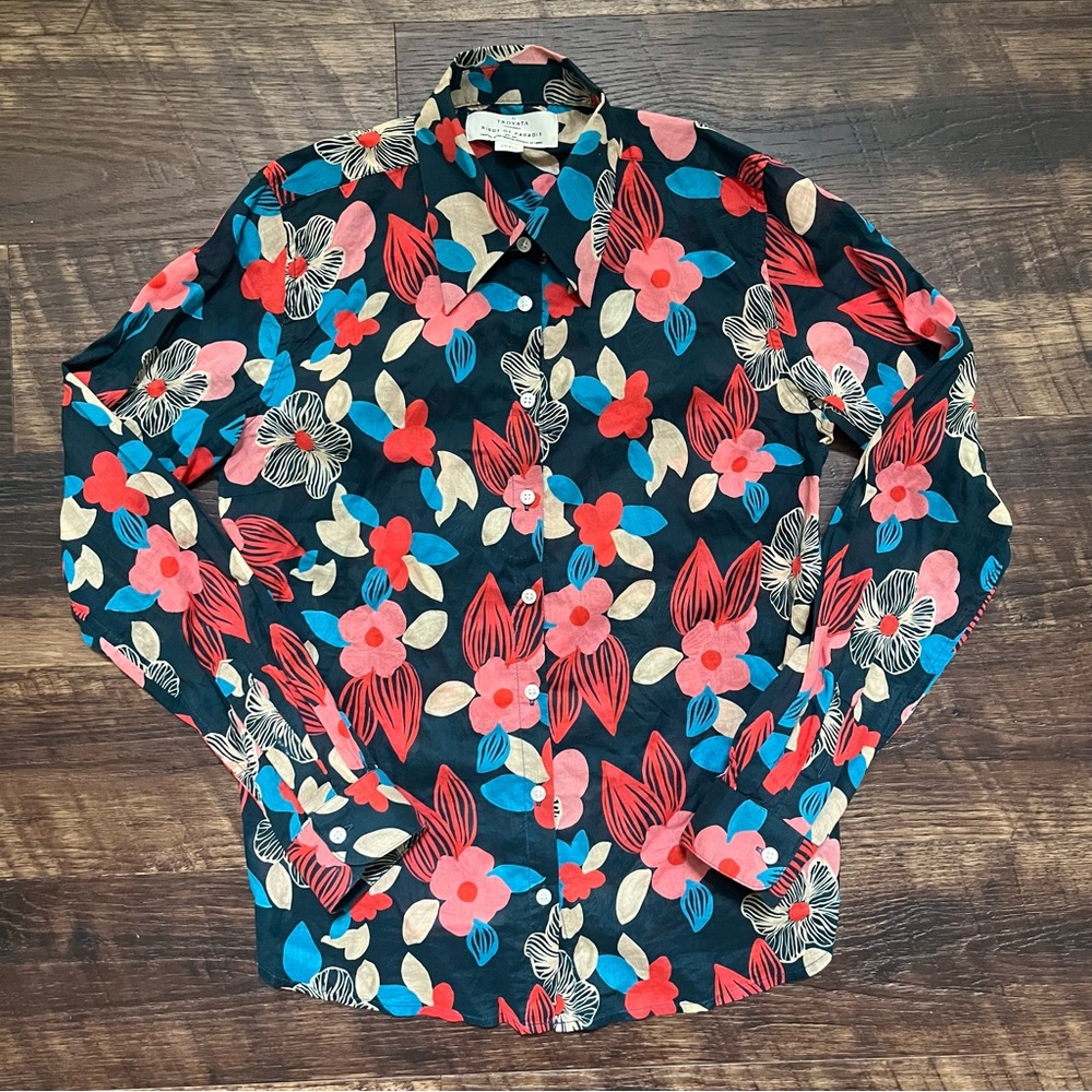 Trovata birds of paradis pink hibiscus Jacqueline floral button shirt small